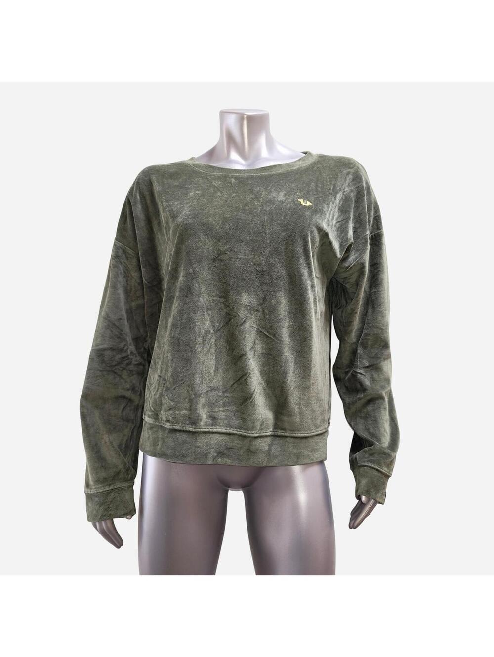 True Religion Velour Sweatshirt Womens XL Green Horseshoe Logo Crewneck